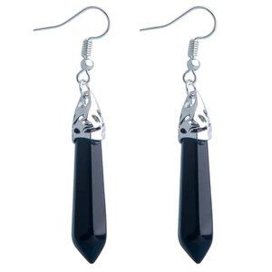 Black Obsidian Natural Stone Gemstone Hexagon Point Healing Dangle Earrings